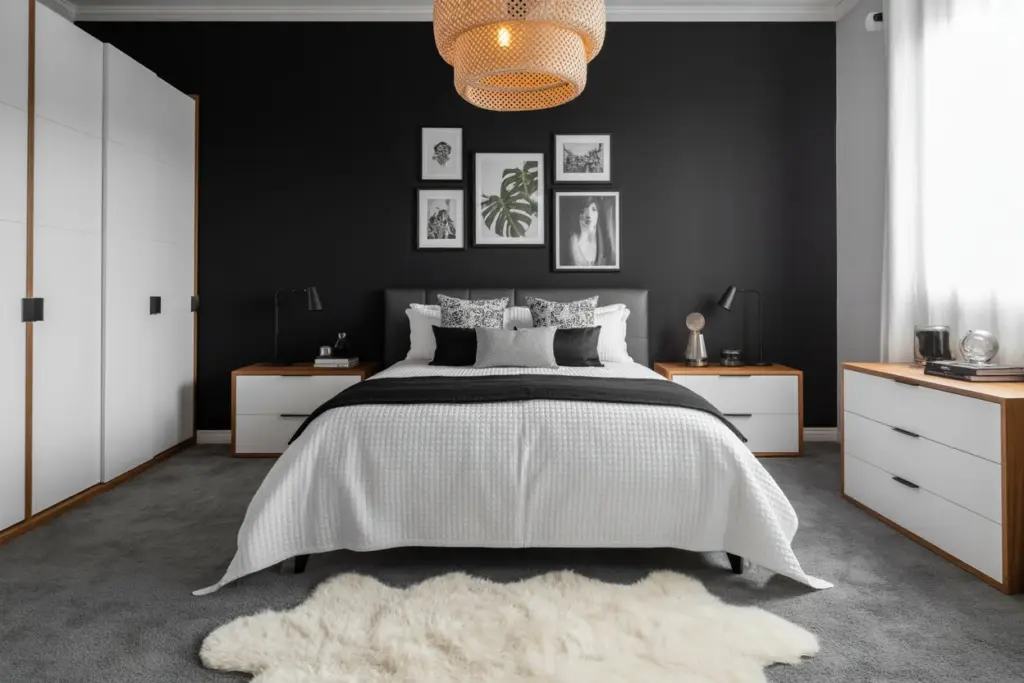 11 tips to design a black and white room successfully 3 A wall painted in black behind the bed to give style to the room