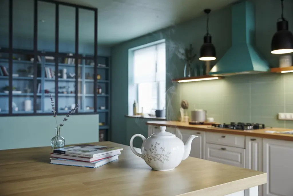 A false ceiling to highlight the dining area in open kitchen
