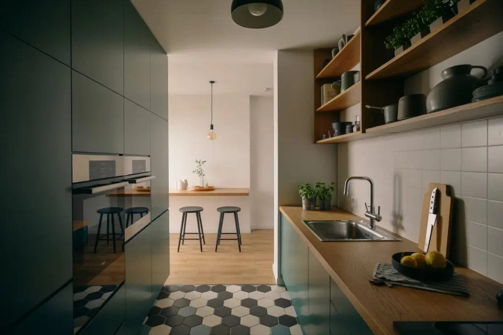A mix of tiled and parquet flooring to delimit spaces in open kitchen