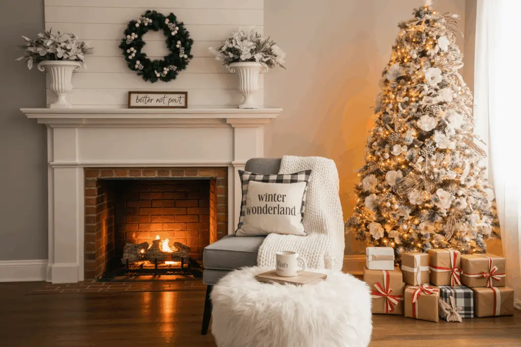 Snowy Mantel Display in Christmas Fireplace decoration