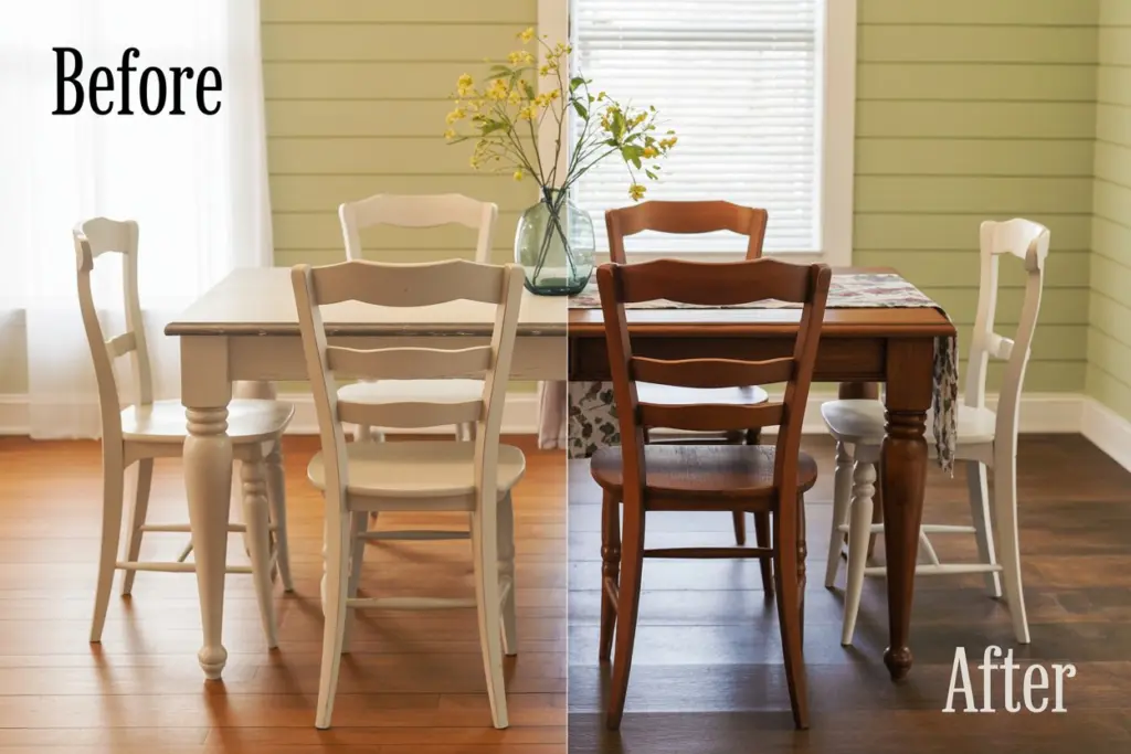11 Ways to Decorate Your Dining Room When Your Budget is Tight 2 before and after table in dining room