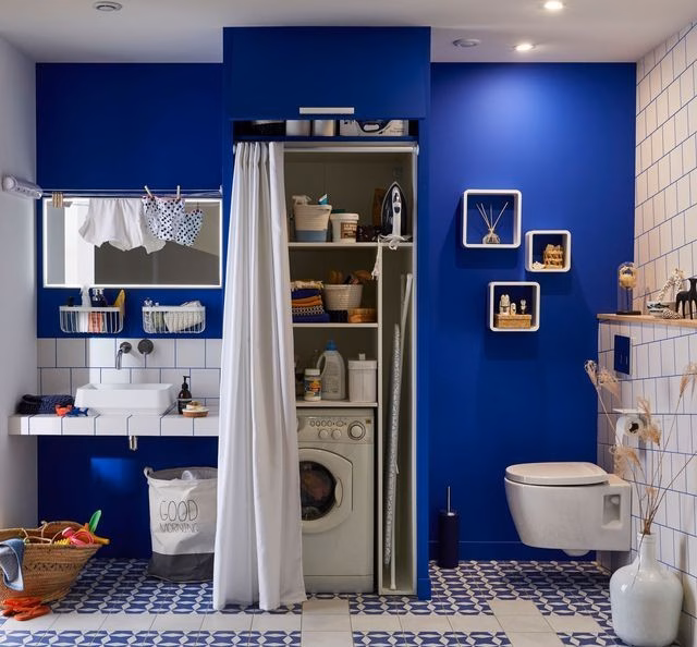 A laundry corner in the middle of the shower room