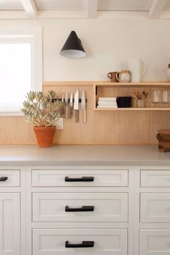 kitchen backsplash with wood slat accents