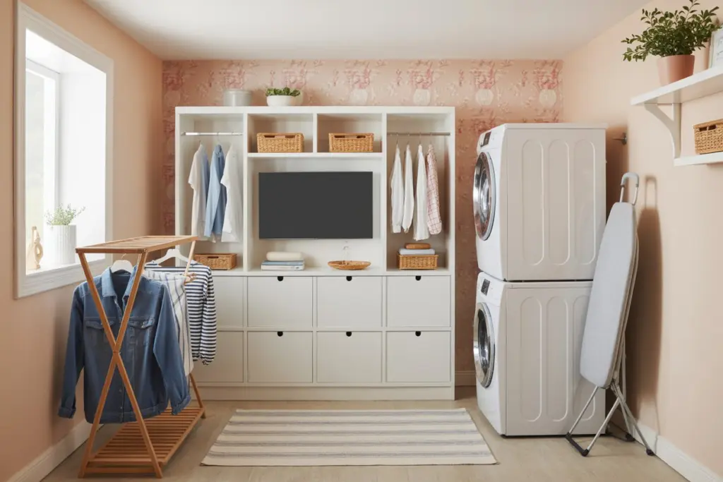 a laundry room in the basement 
