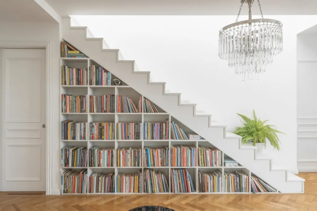 built-in bookshelves underneath staircase
