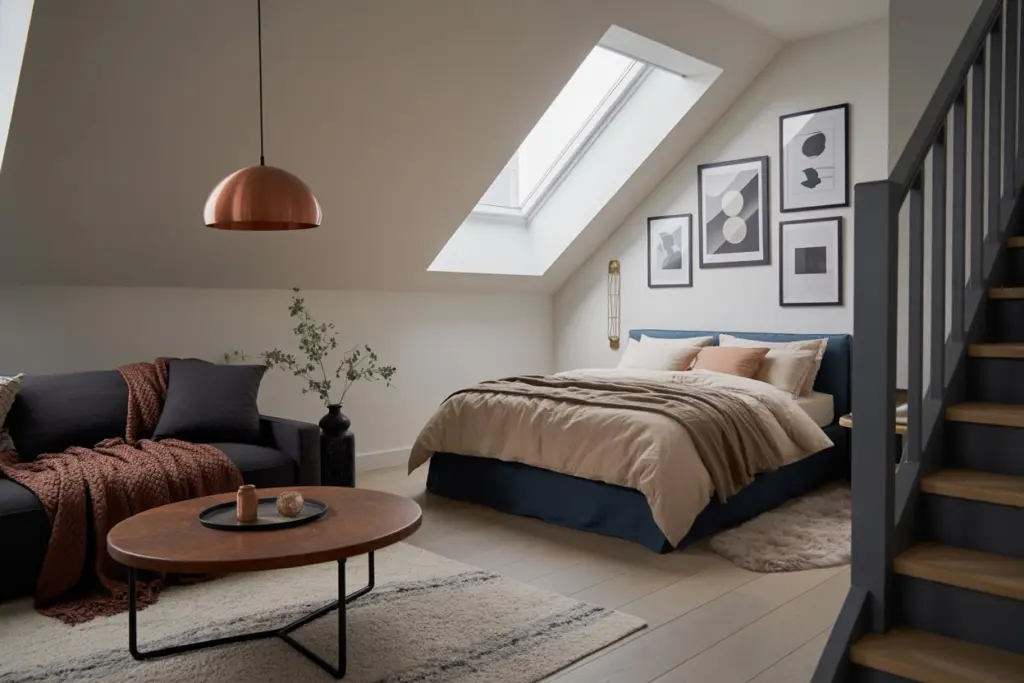 a big bedroom and living room in roof interior design