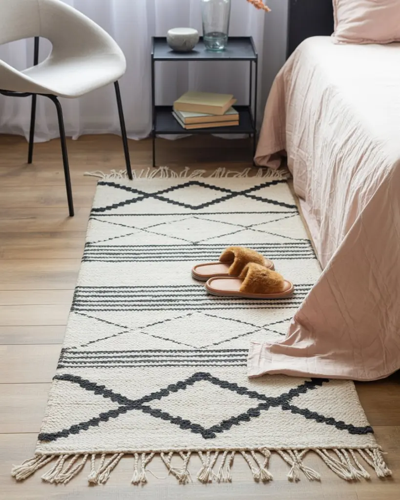 Rug: how to place, materials and tips from an interior designer 10 rug in bedroom