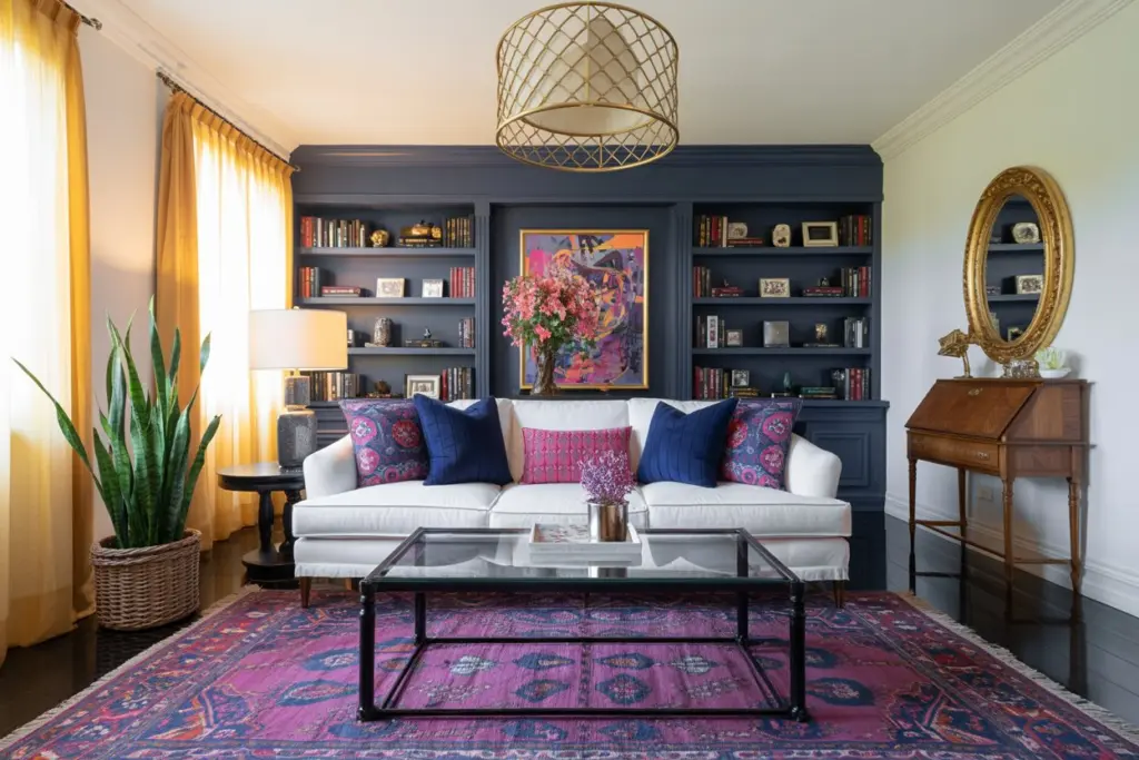 Maximalism Interior|teal curtains