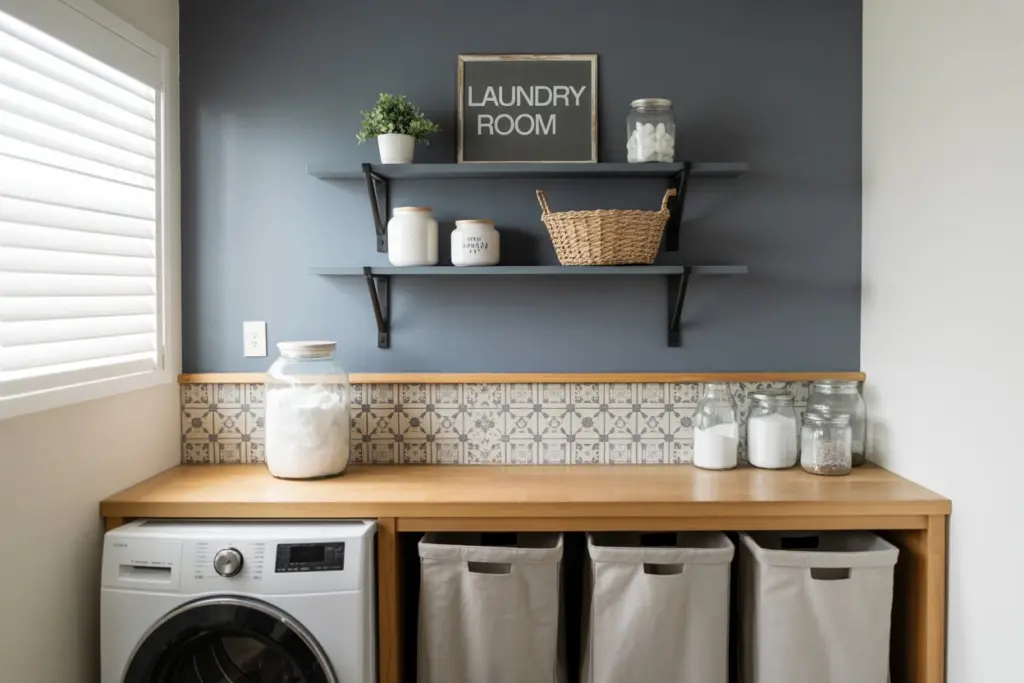 a laundry corner in the cellar