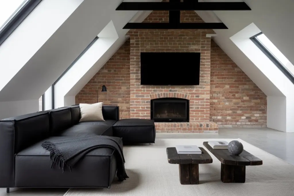 living room separated to the kitchen in roof interior design