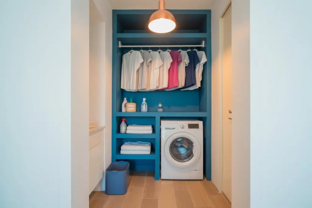 A laundry corner in the alcove of the bathroom