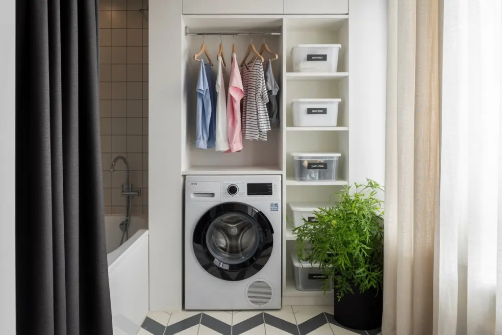 A laundry corner at the entrance of the bathroom