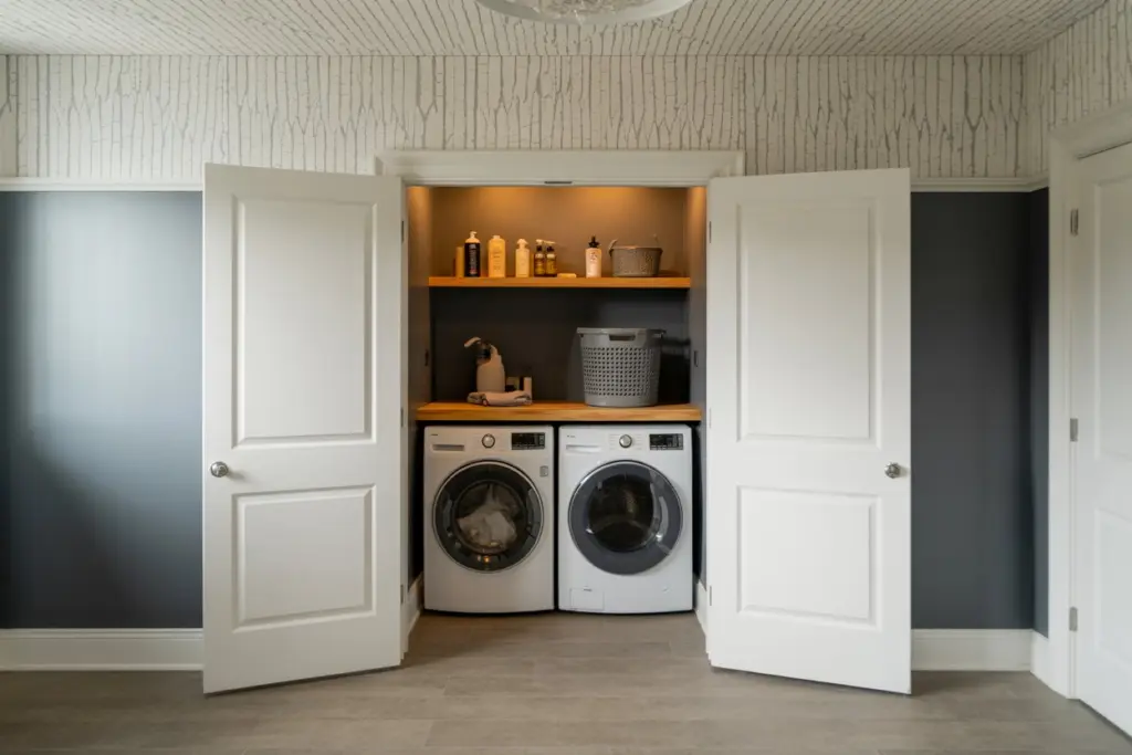 a laundry room next to the bathroom