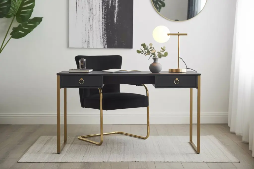home office with black and gold decor
