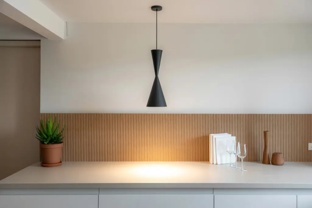 kitchen backsplash with wood slat accents