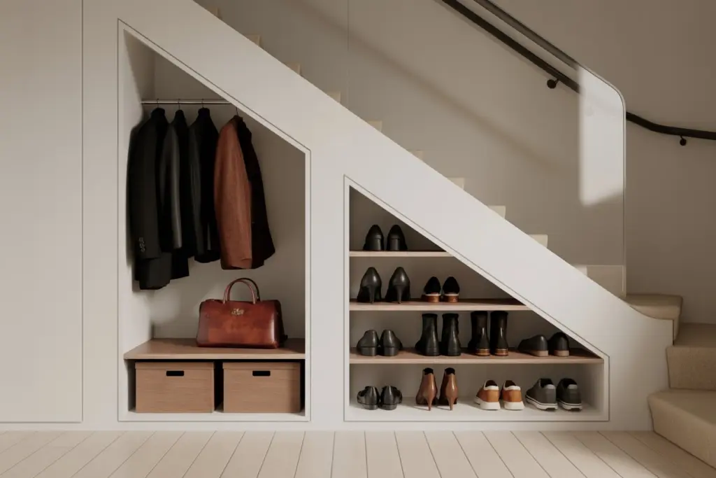 a practical and optimized dressing room in Under stairs space