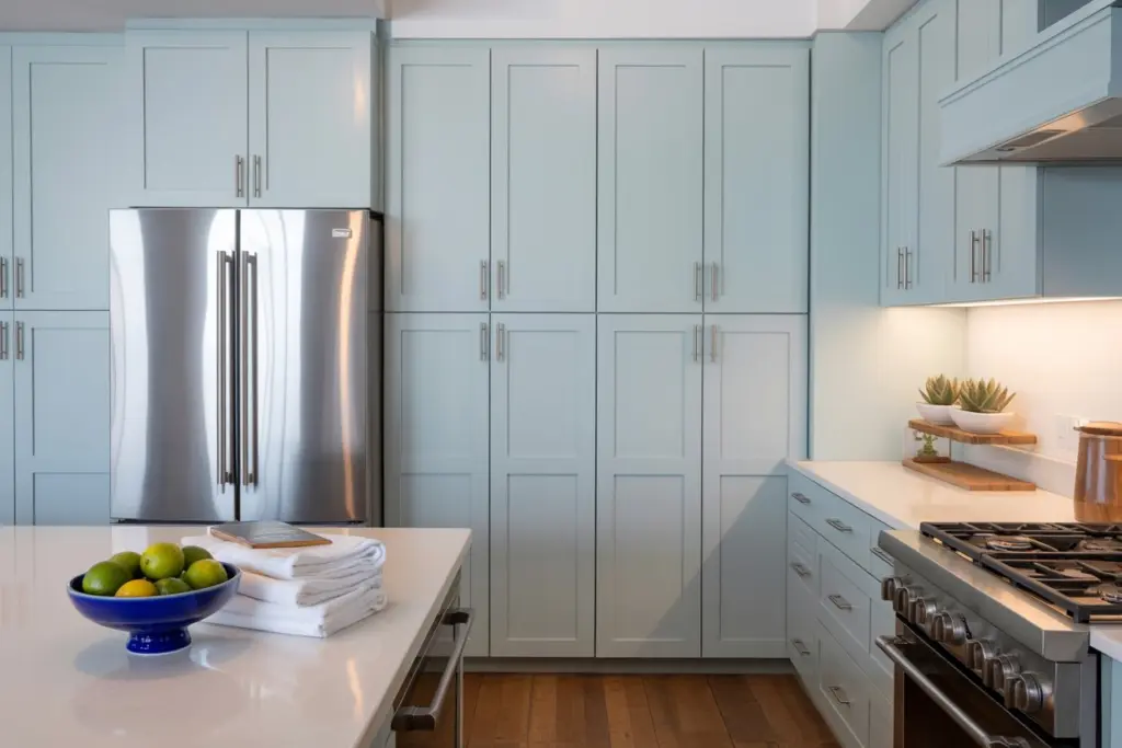 light blue-gray shaker-style cabinets