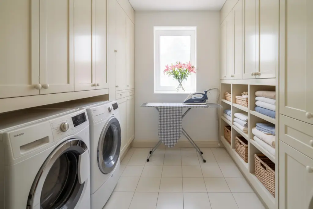 A laundry room that becomes a dressing room