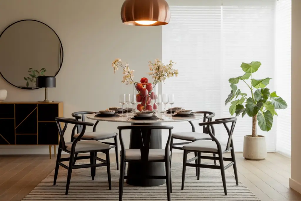 Rug: how to place, materials and tips from an interior designer 3 a rug under dining table