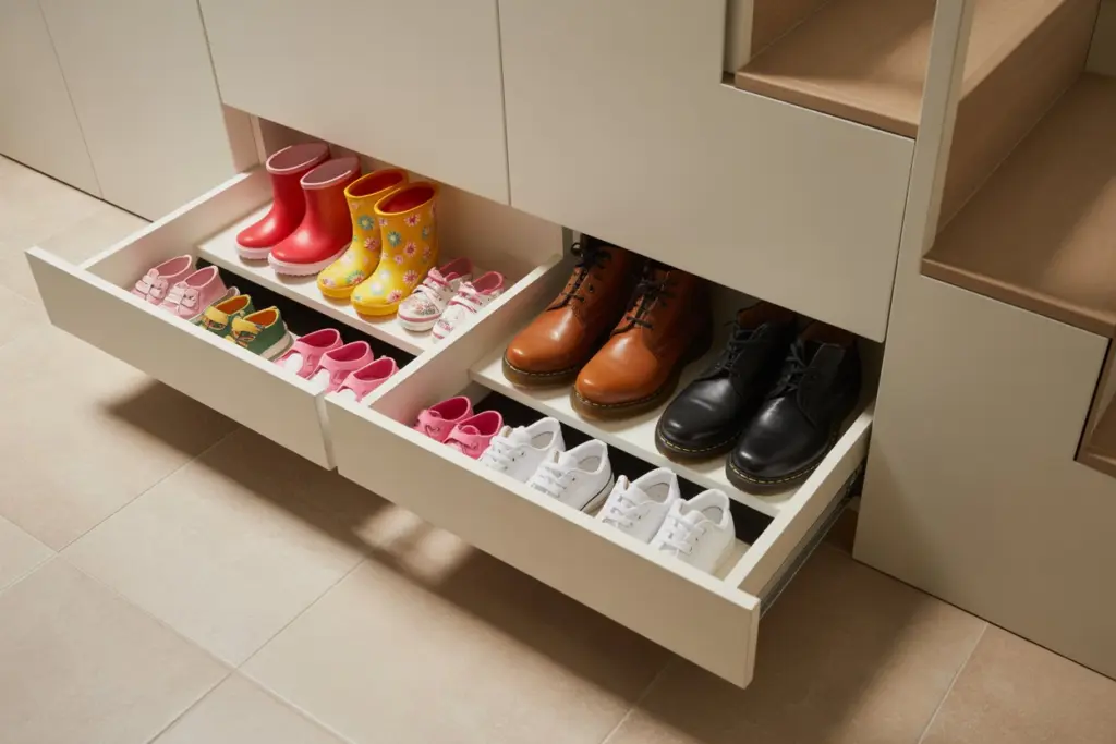 a low cabinet under the stairs to store shoes