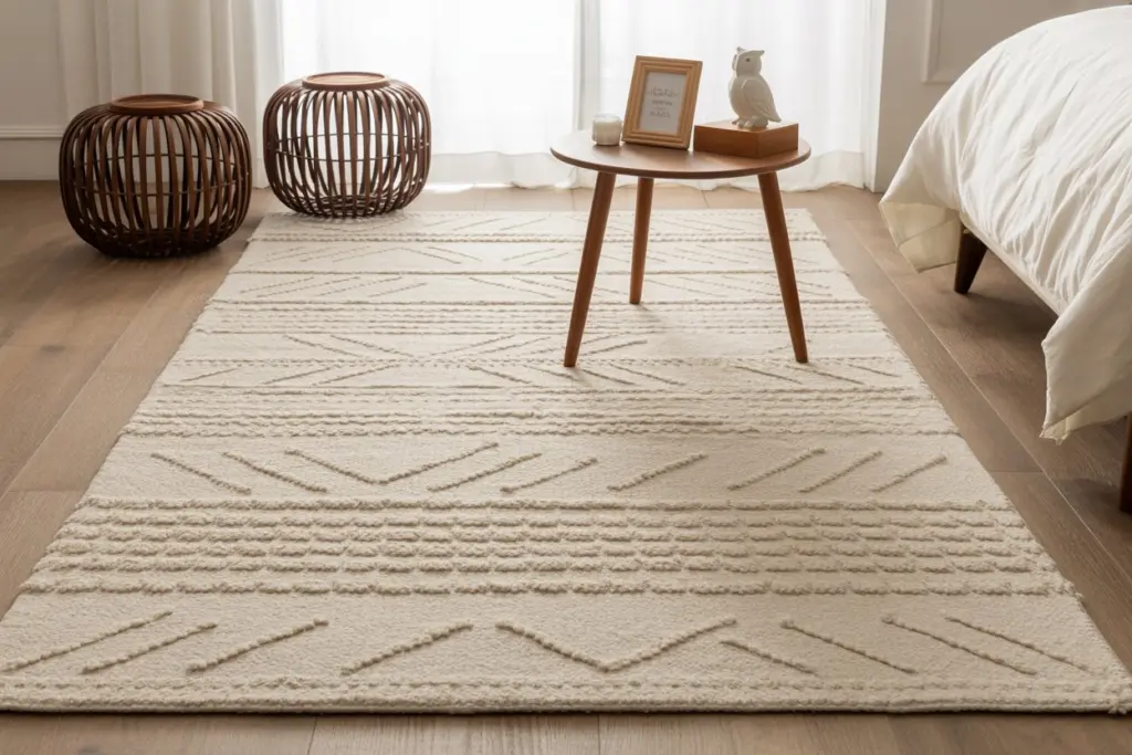 Rug: how to place, materials and tips from an interior designer 4 a rug placed at the foot of the bed in bedroom