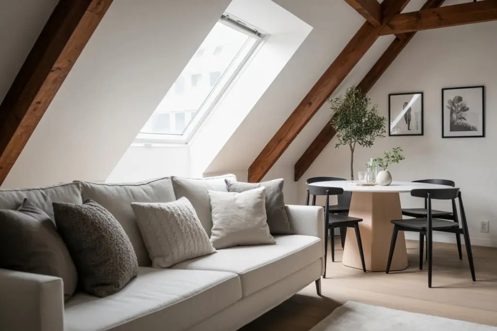 dining area and living area in roof interior design
