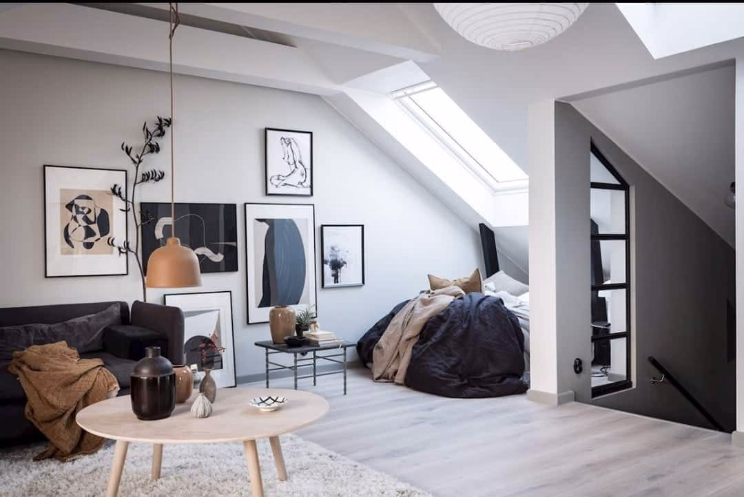 a big bedroom and living room in roof interior design