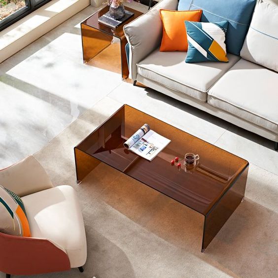 Glass Sled Coffee Table Geometric 1 Single Cocktail Table in Brown