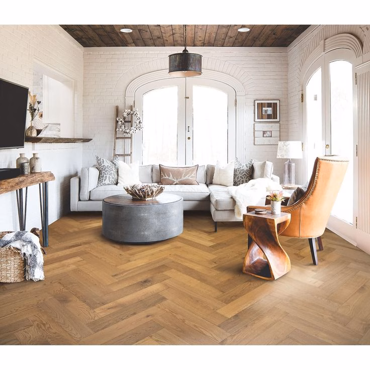living room with Herringbone wood flooring