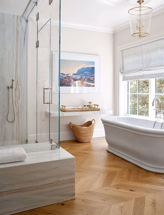 Herringbone wood flooring bathroom