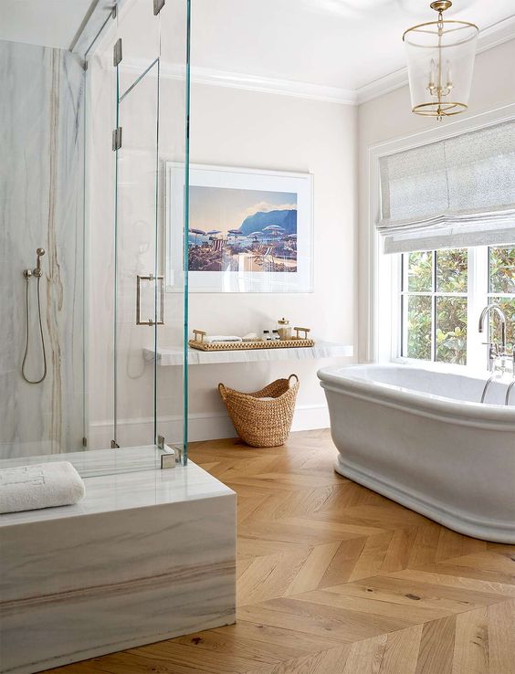 Herringbone wood flooring bathroom