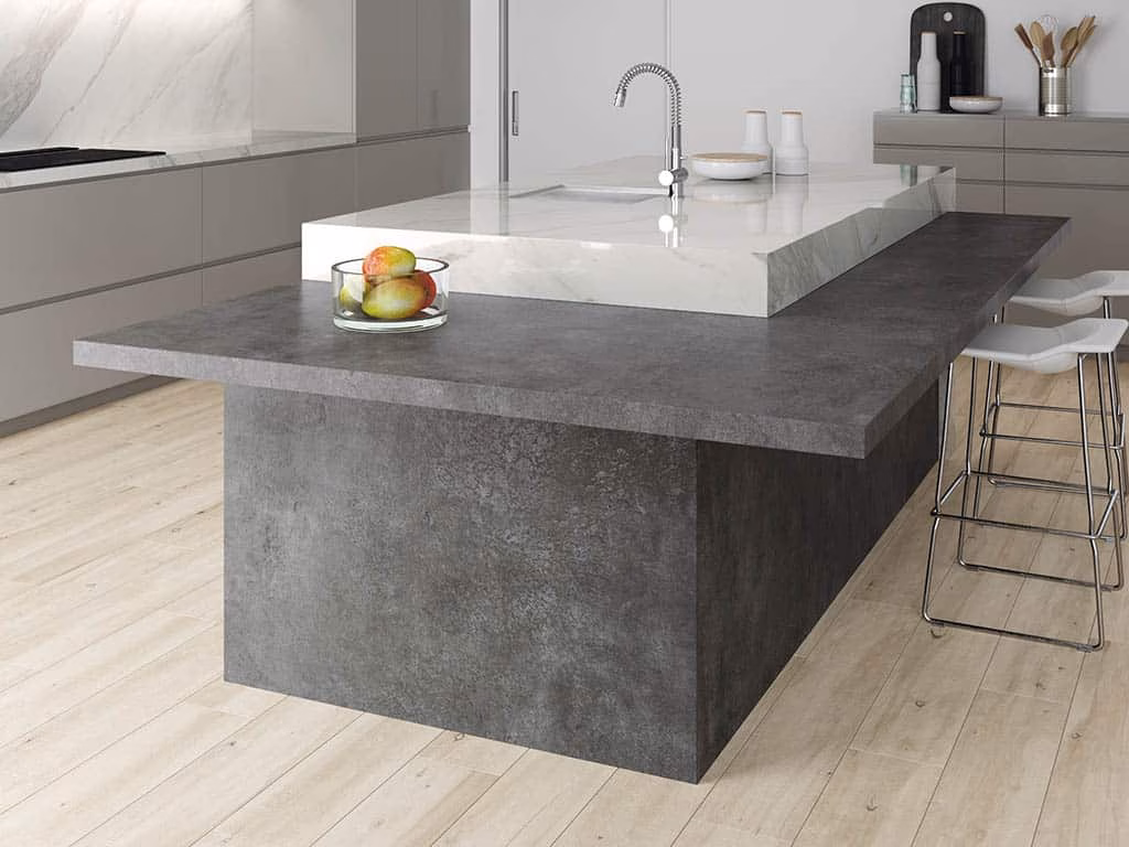 A laminate or melamine countertop for a first kitchen