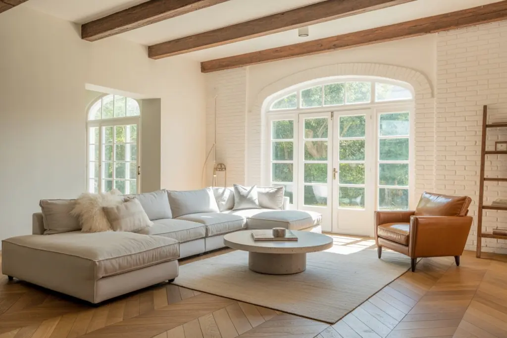 The Beauty of Herringbone Wood Flooring: Everything You Need to Know 8 living room with Herringbone wood flooring