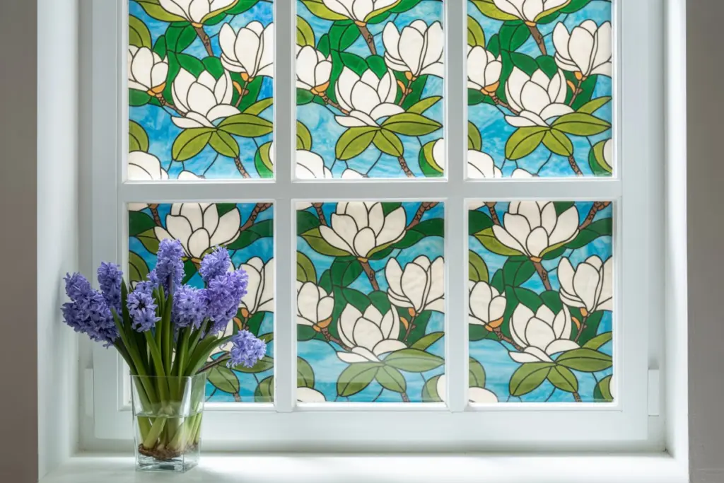  decorative window panel with a stained glass-style pattern 