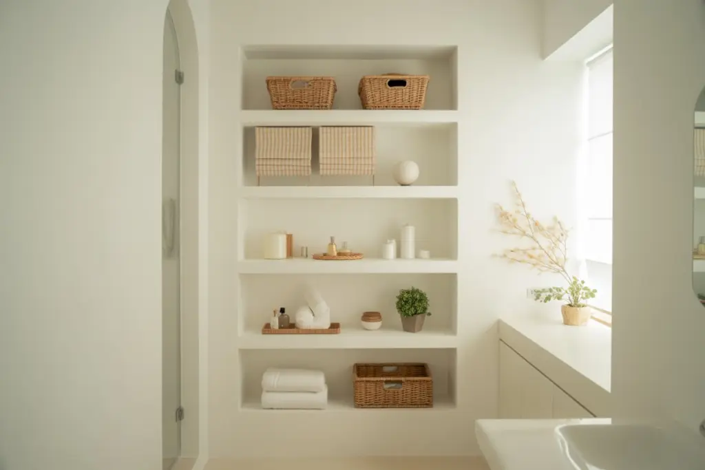 Built-in shelving bathroom storage solutions