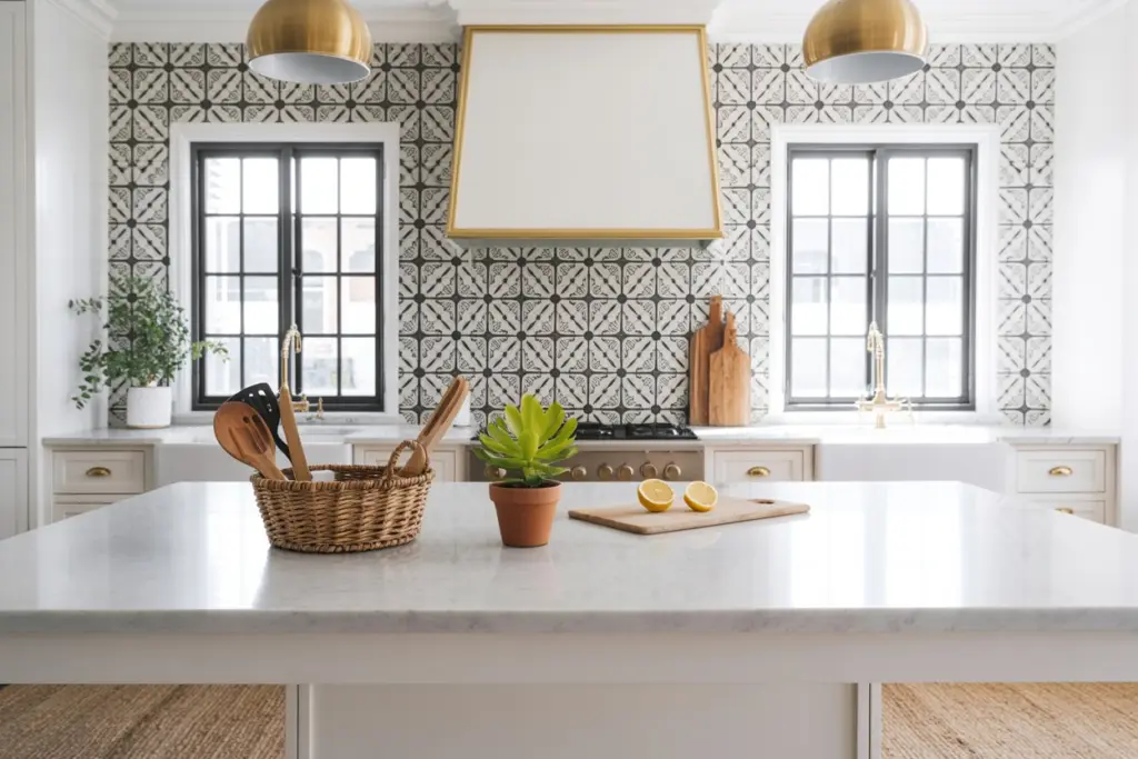 wallpapered kitchen backsplash