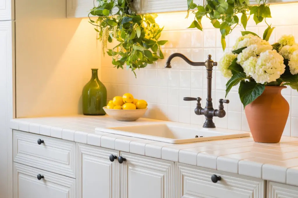Kitchen countertop: how to think it perfectly? 12 A bucolic kitchen with a ceramic or earthenware countertop