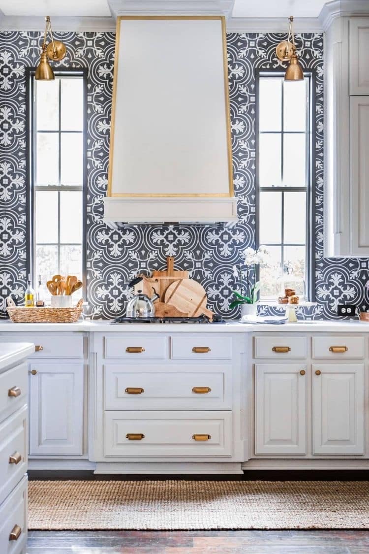 wallpapered kitchen backsplash