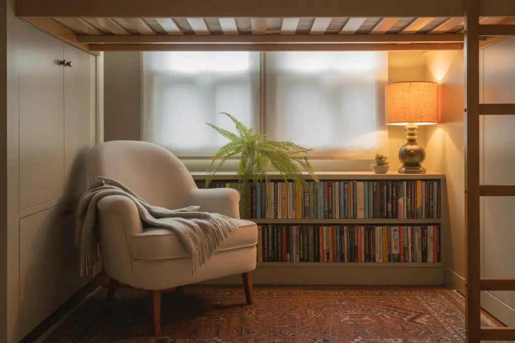 Under a bunk bed reading area