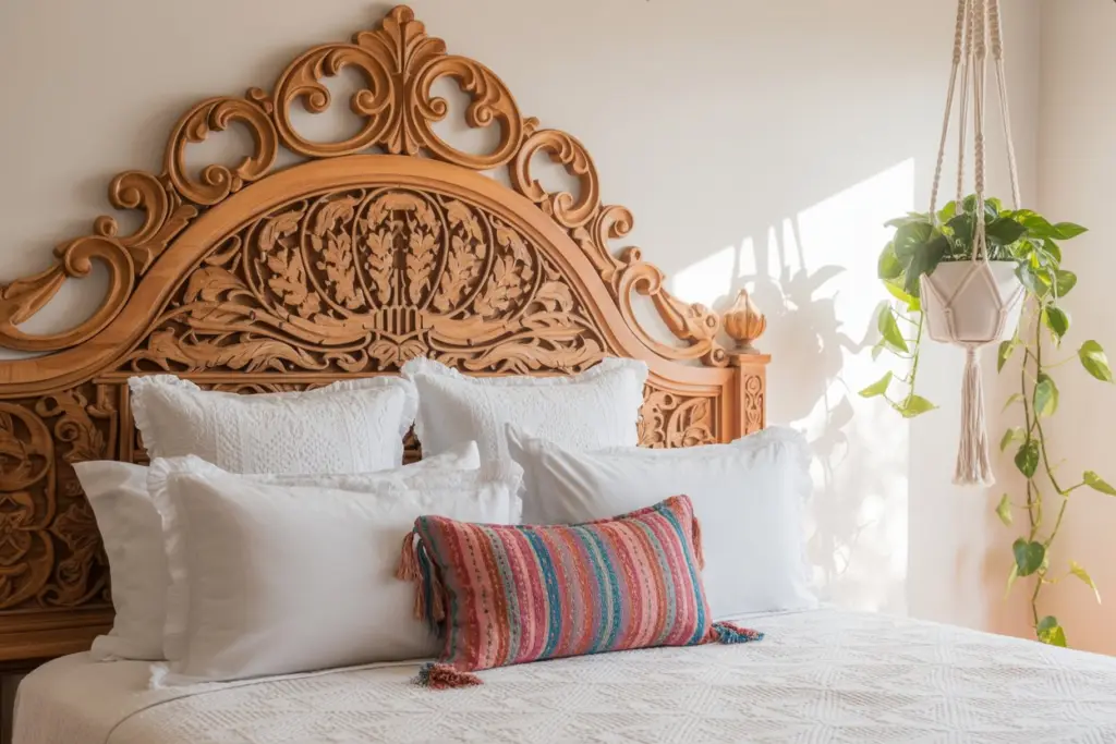 bohemian-style bedroom interior with a large ornate wooden headboard