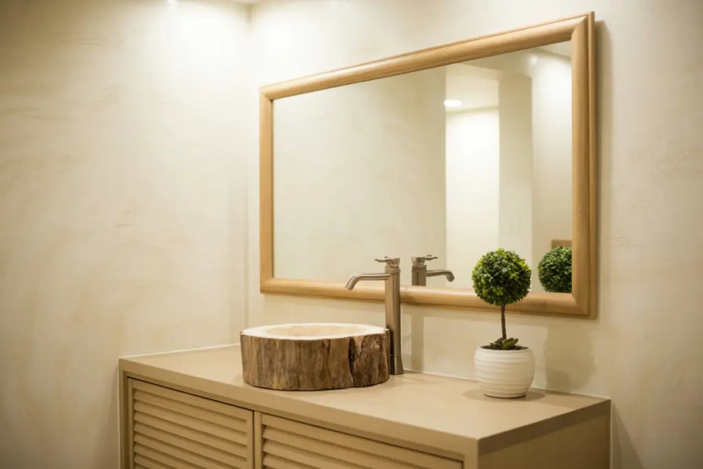 rectangular bathroom mirror with a wooden frame
