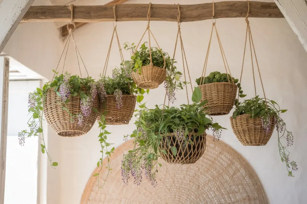 Rattan hanging baskets in Bohemian style