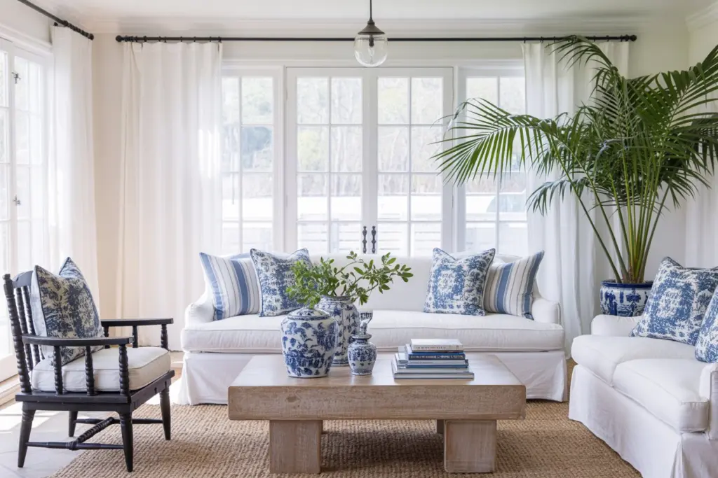 Colors and objects of decoration strongly reminding the taste of Hamptons interiors