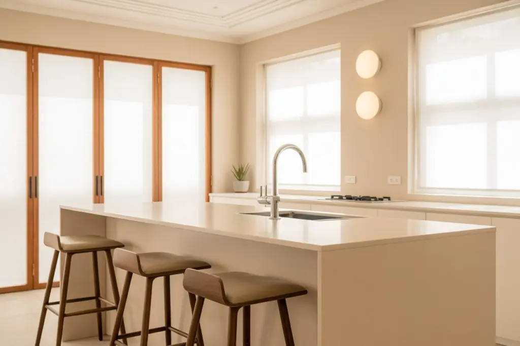 Treated wood touches in minimalist style