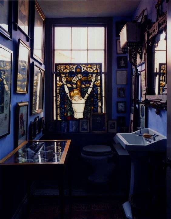 A cabinet of curiosities in a bathroom