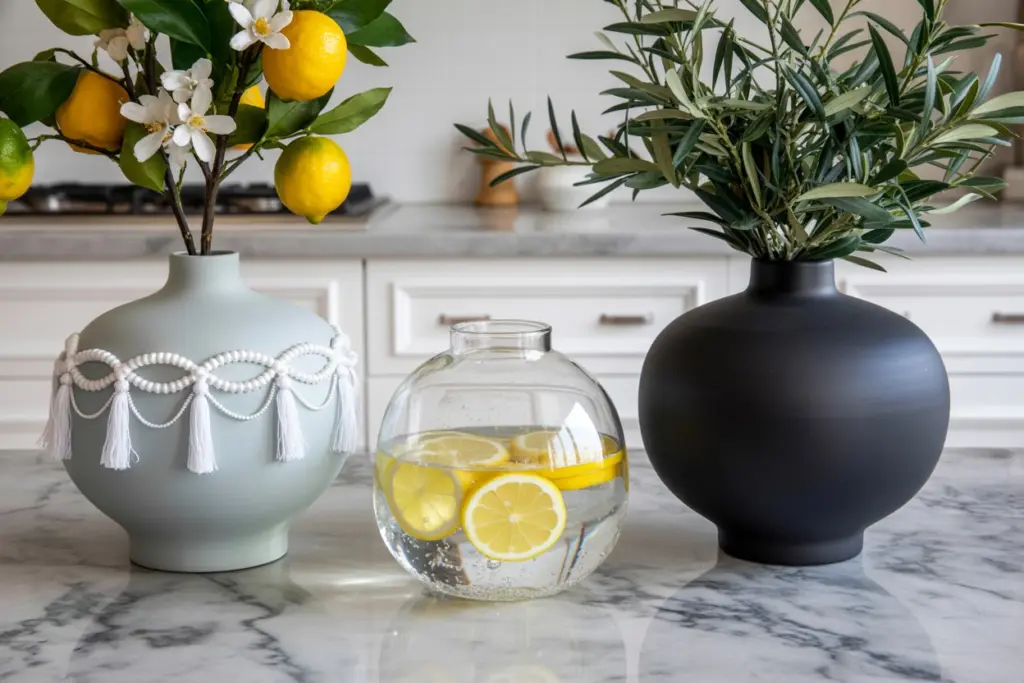 Kitchen Countertop Decoration: How to Elevate Your Kitchen carefully and creatively 8 Lemons in a wooden bowl or lemon slices placed in water in a glass vase can give the space a relaxed Mediterranean aesthetic.