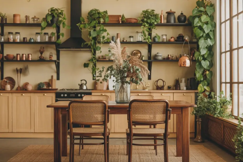 Find out How to create a Bohemian Kitchen 2 A bohemian kitchen with beautiful touches of wood, wicker