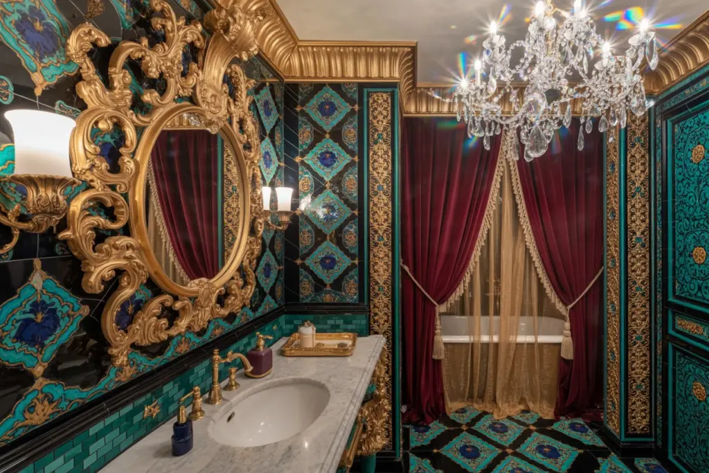 How to Embracing Eclectic Opulence to Maximalist Bathroom Decoration 12 An ultra-maximalist, almost Baroque bathroom