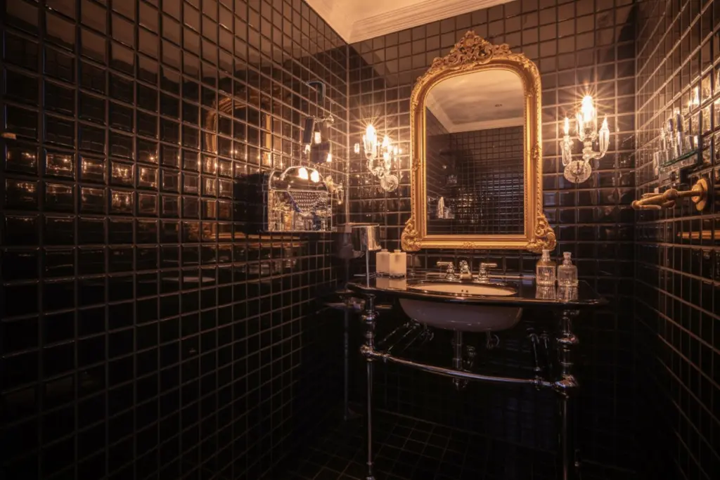 How to Embracing Eclectic Opulence to Maximalist Bathroom Decoration 5 glossy black tiles adorned with gleaming chrome fittings and a majestic gold-framed mirror.
