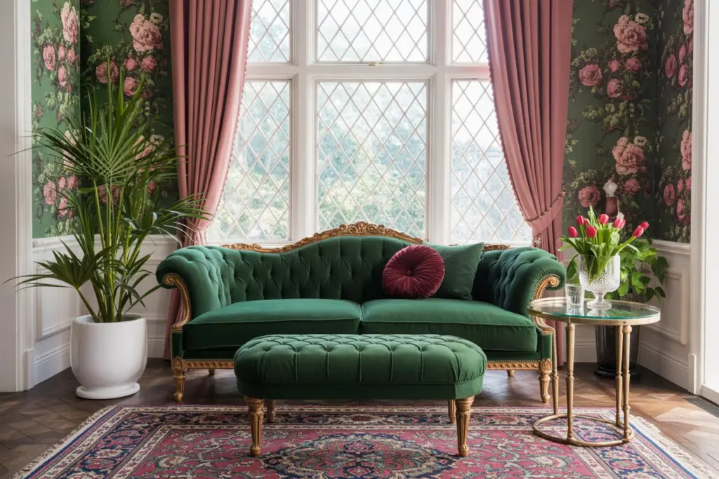 How to Infuse Your Decor with Maximalist Furniture 2 Maximalist sofa in deep emerald green